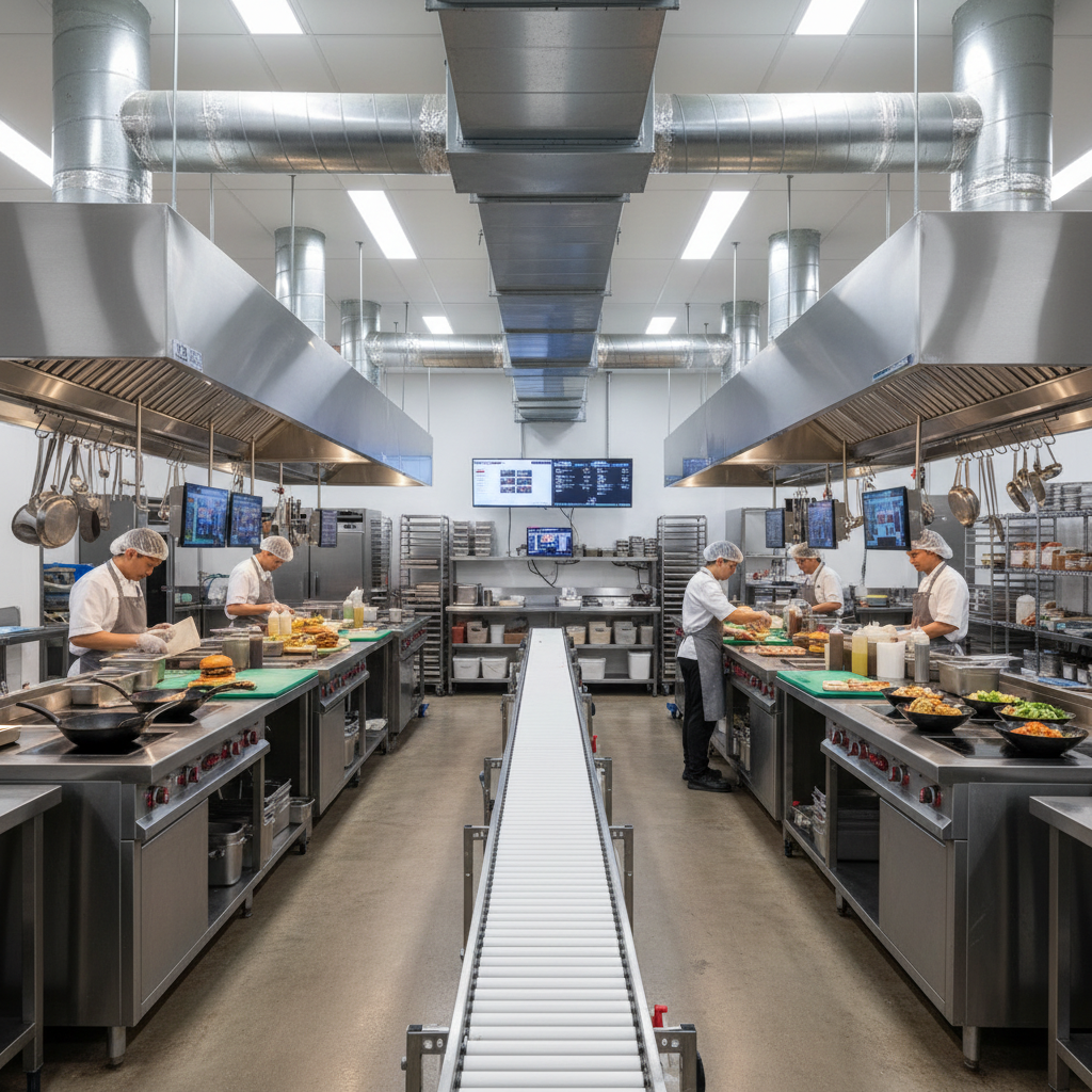 Commercial ghost kitchen buildout with four exhaust hoods over cooking stations, centralized exhaust plenum, full ventilation system