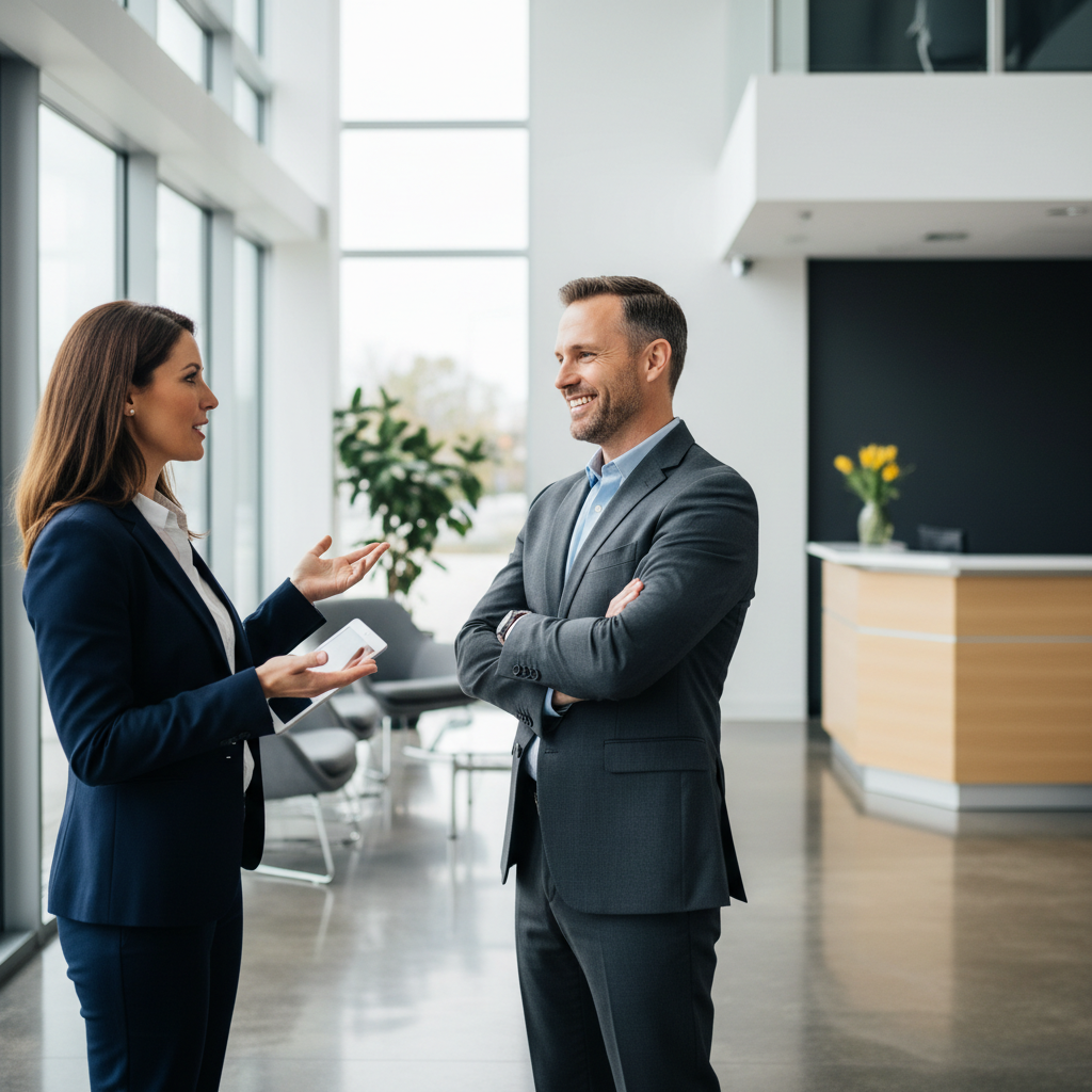 Property manager speaking with satisfied business tenant in a commercial office lobby