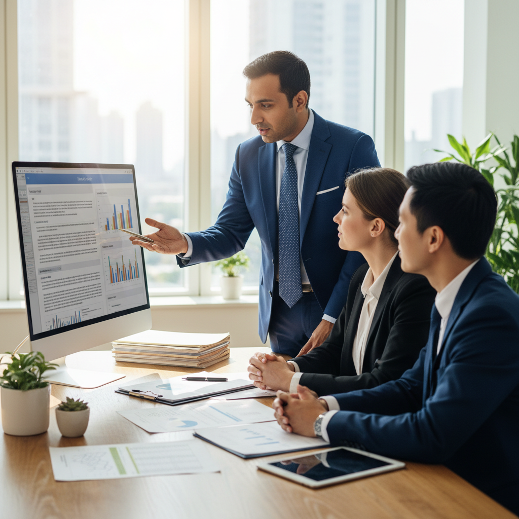 Tax advisor explaining tax documents to a business owner at a desk