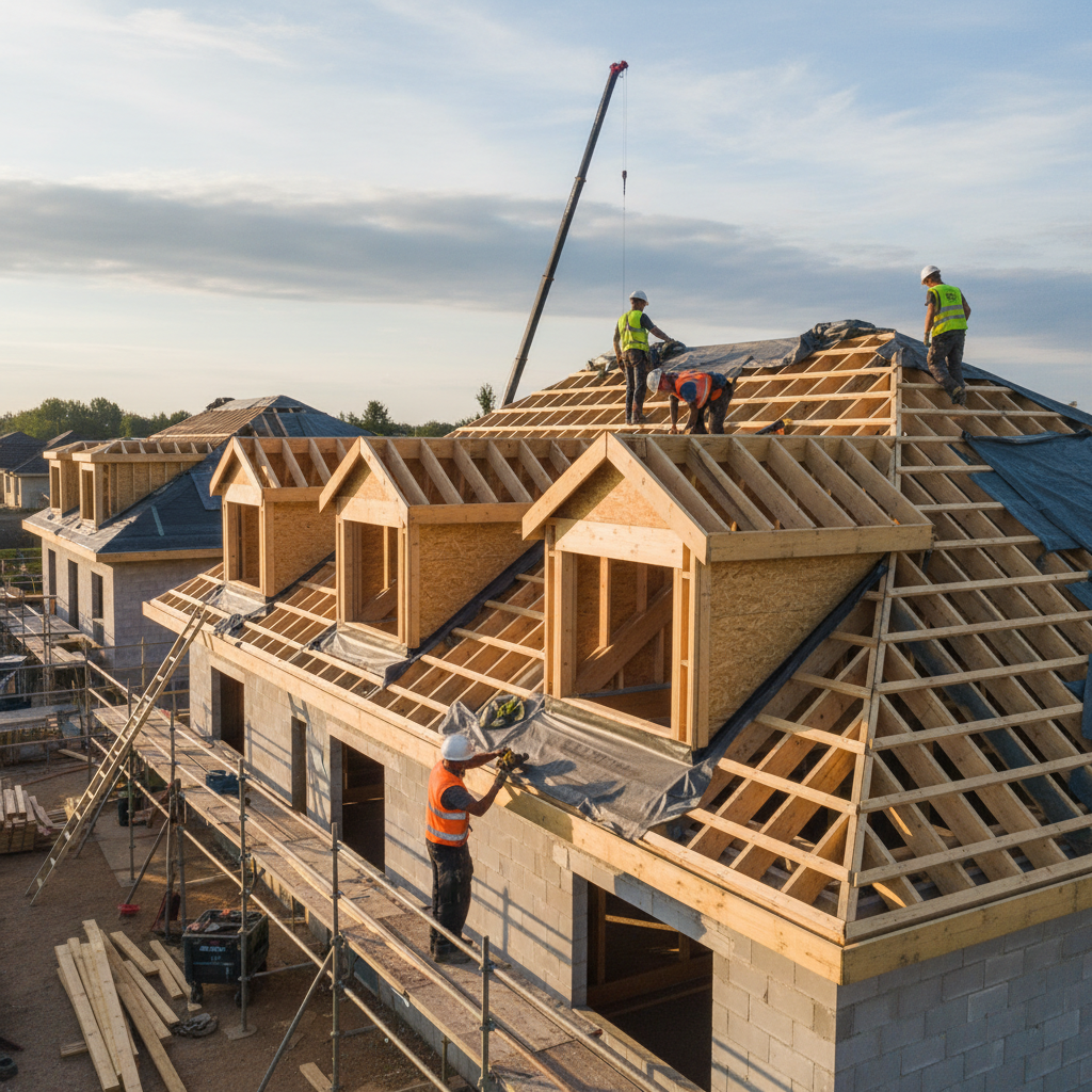 Homeowners shaking hands with contractor outside newly roofed house on sunny day