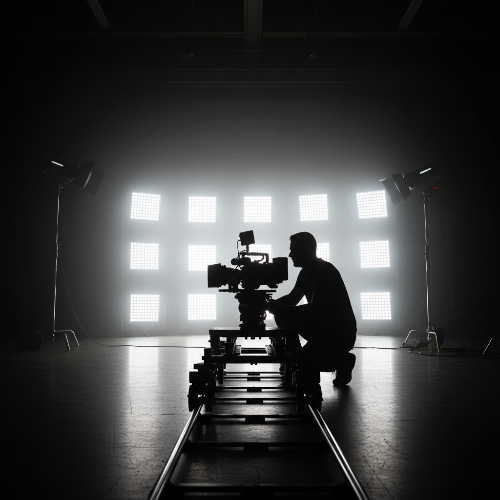 Camera operator in silhouette against bright studio lights adjusting camera on dolly track