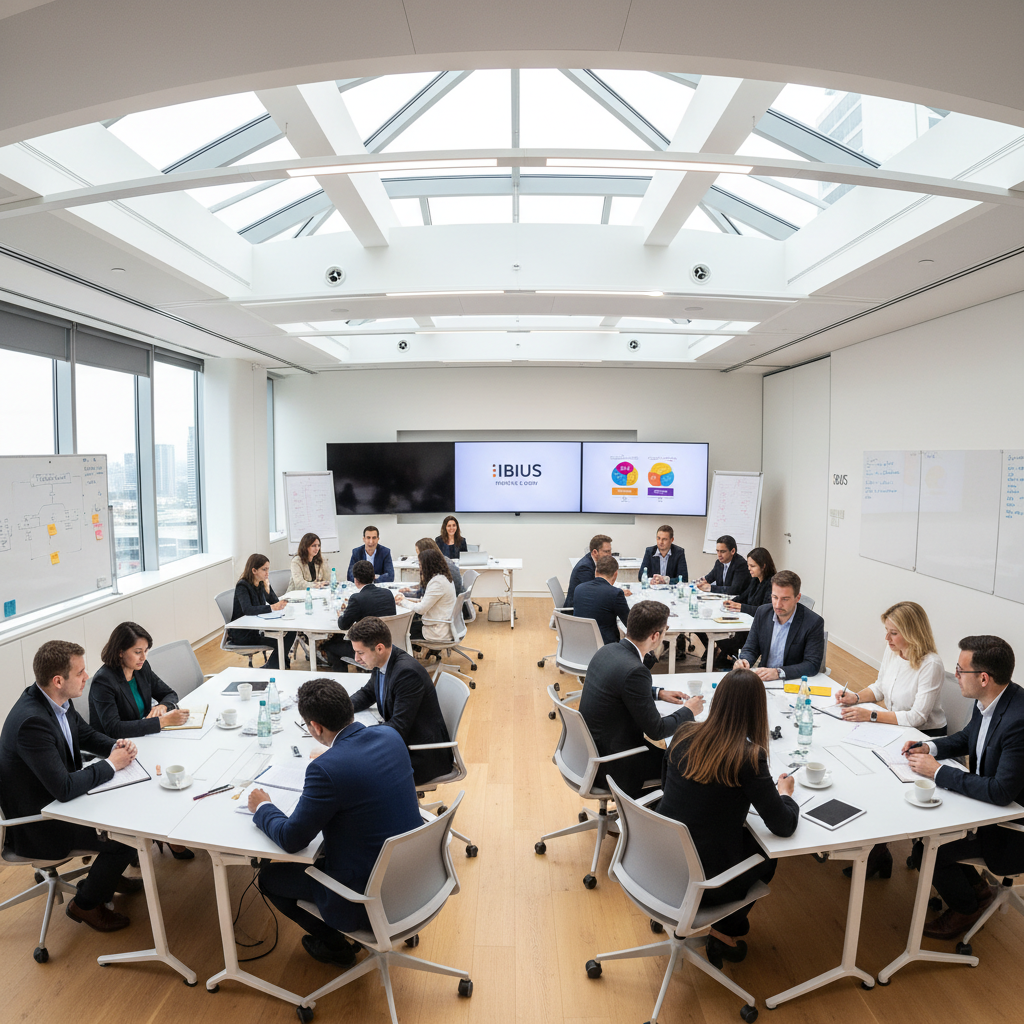 Kurumsal toplantı masası, beyaz çiçek aranjmanları, şık masa düzeni, profesyonel dekorasyon, aydınlık konferans ortamı