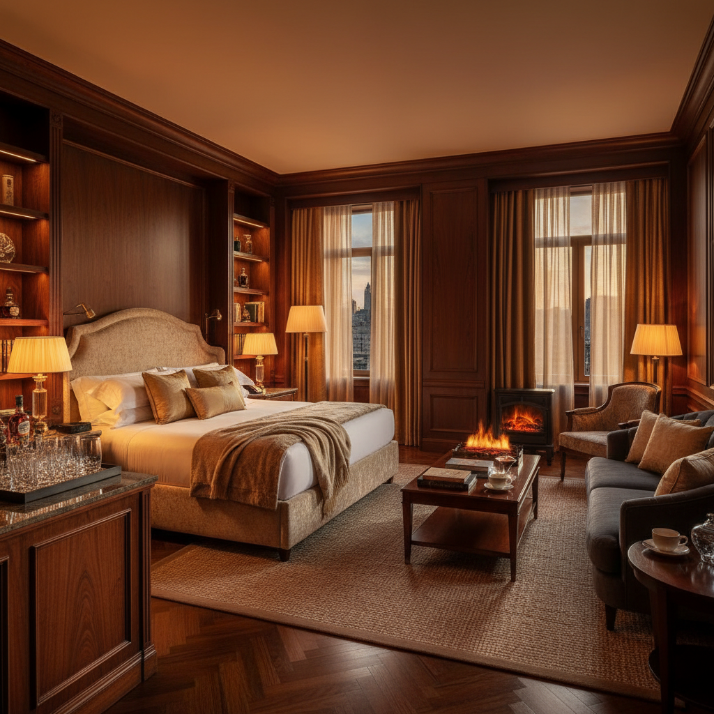 Luxury hotel room interior with warm amber lighting, ocean view window, modern decor