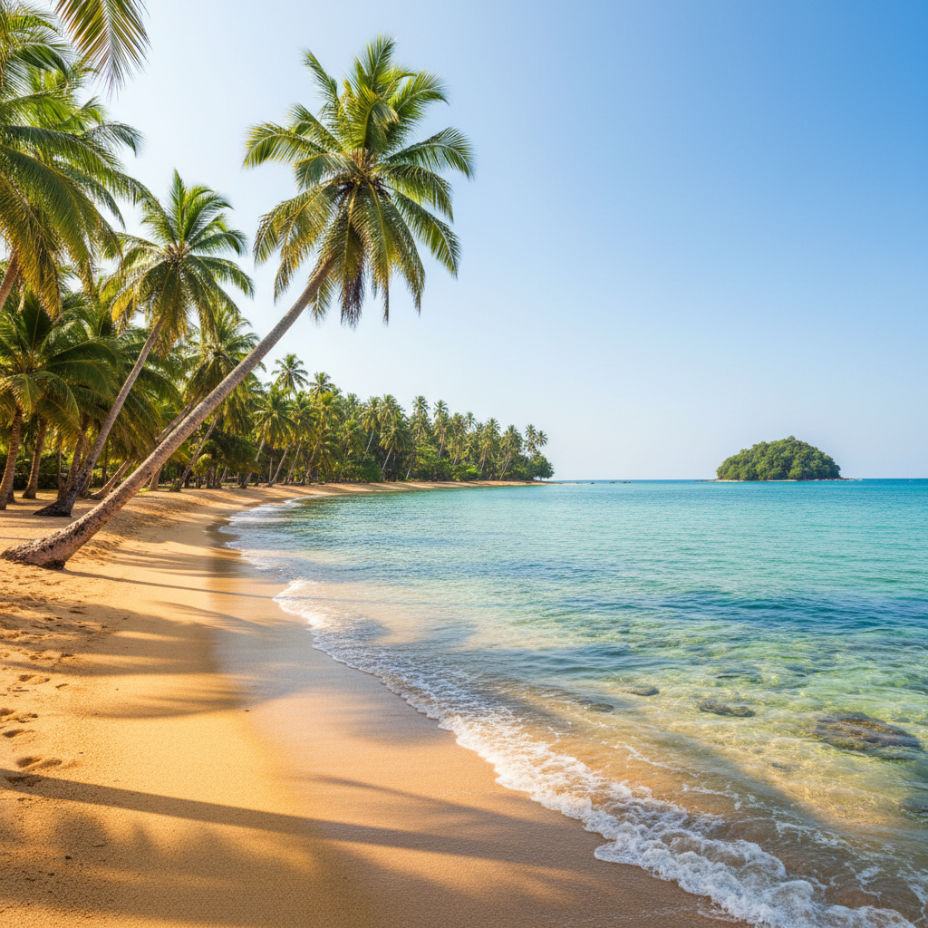 Mullaitivu Beach Northern Sri Lanka, unspoiled white sandy shore, calm clear water, coconut palms, remote tropical setting