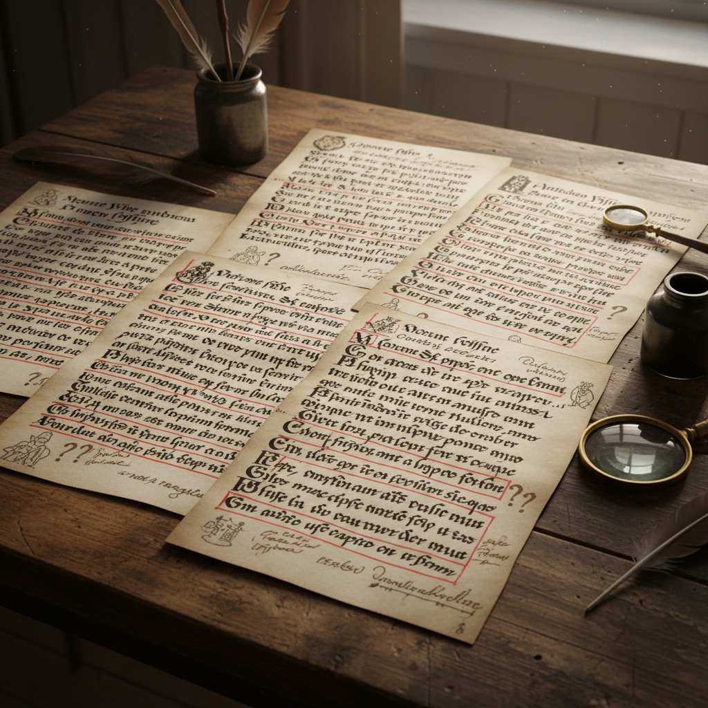 Manuscript pages with handwritten marginalia and underlined passages on a wooden desk