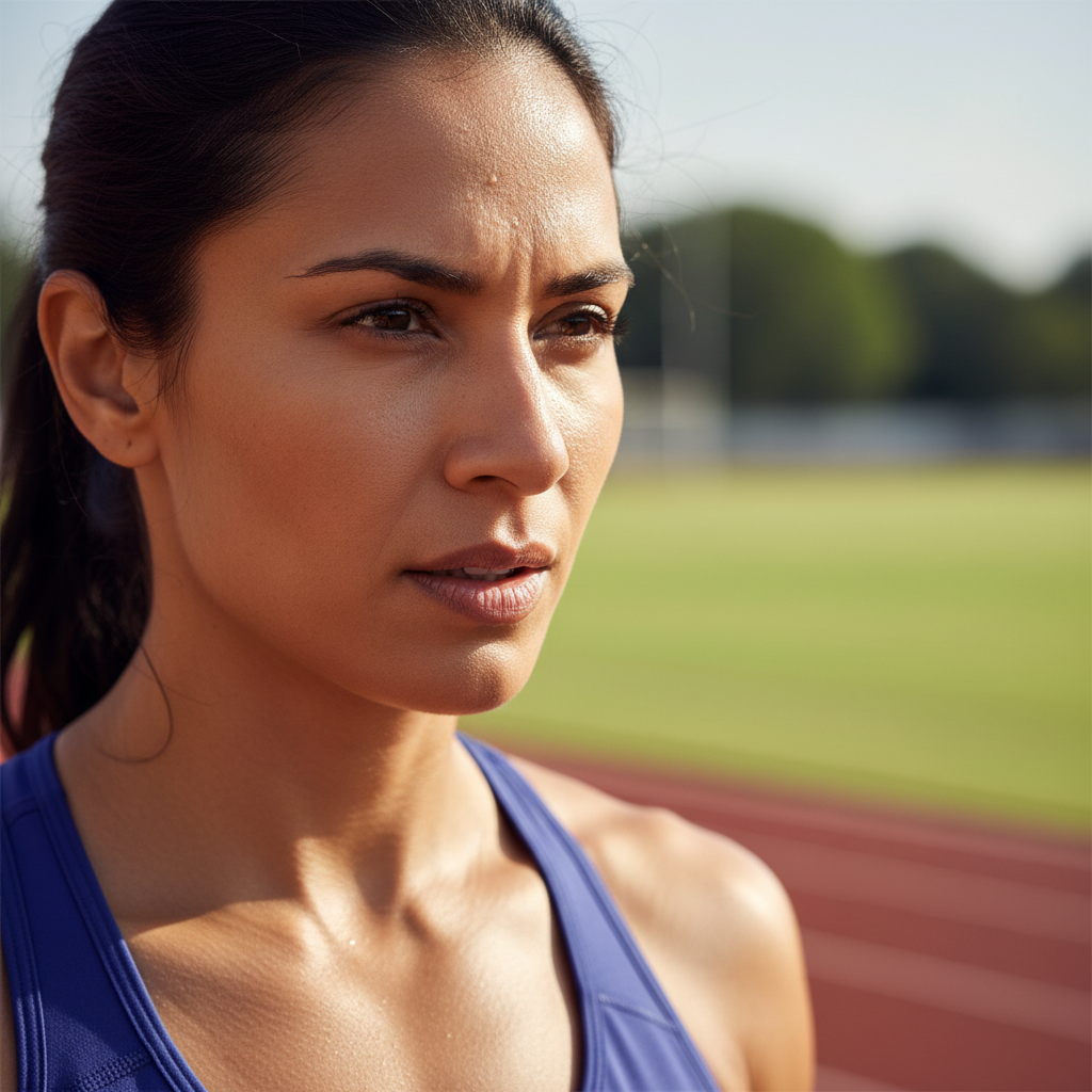 Priya Nair, South Asian woman in her 30s, athletic build, focused competitive expression