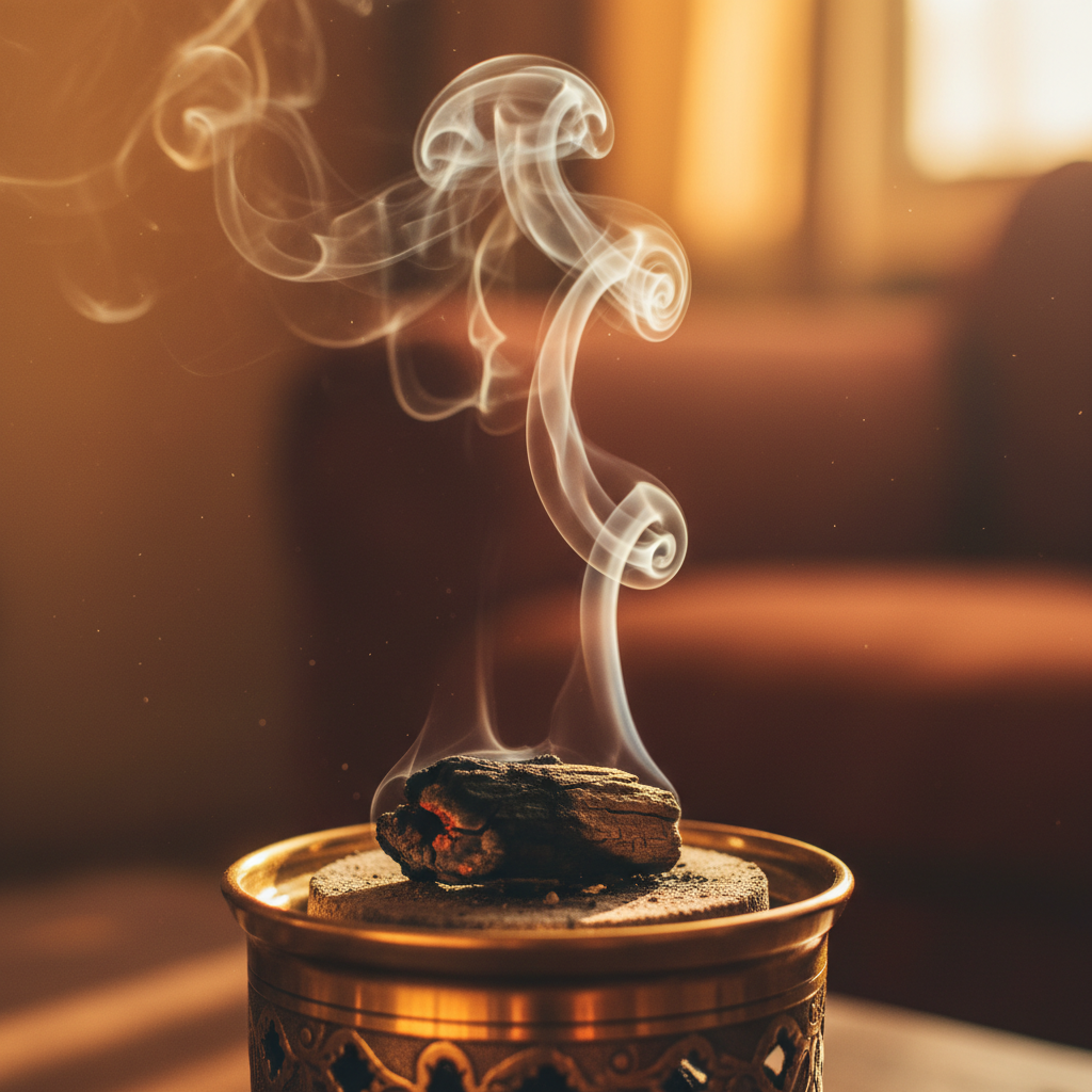 Dark atmospheric background with bakhoor smoke and warm lighting