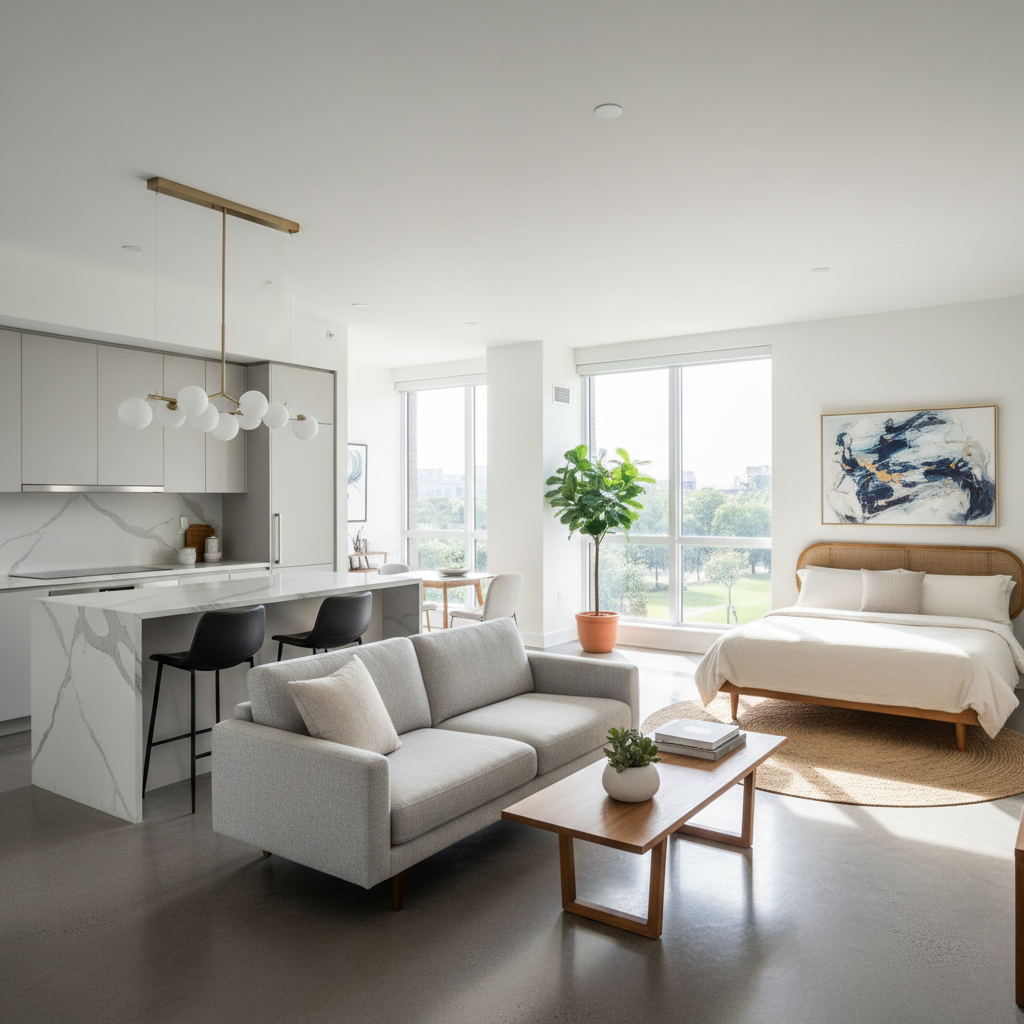 Bright 1BHK studio apartment with modern furnishings and compact kitchen