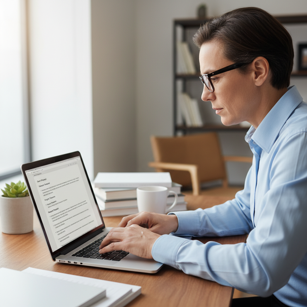 Professional writing a grant proposal on a laptop in an office environment
