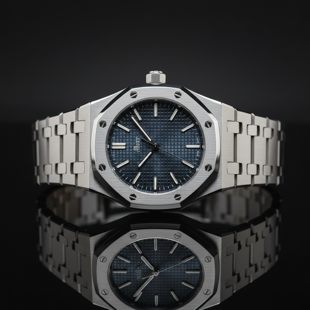 Close-up of Audemars Piguet Royal Oak stainless steel watch on dark background showing octagonal bezel detail
