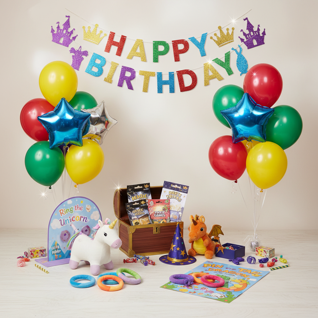 Colorful birthday party setup with balloons and festive decorations