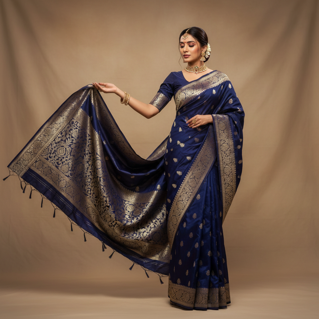 Woman in rich jewel-tone silk saree with modern draping style, deep jewel-toned studio backdrop