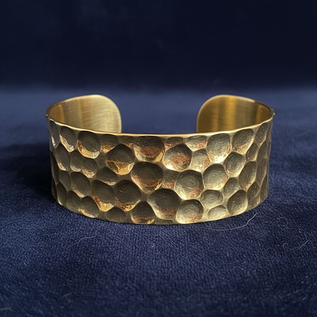 Luxury gold cuff bracelet on dark velvet surface with warm accent lighting