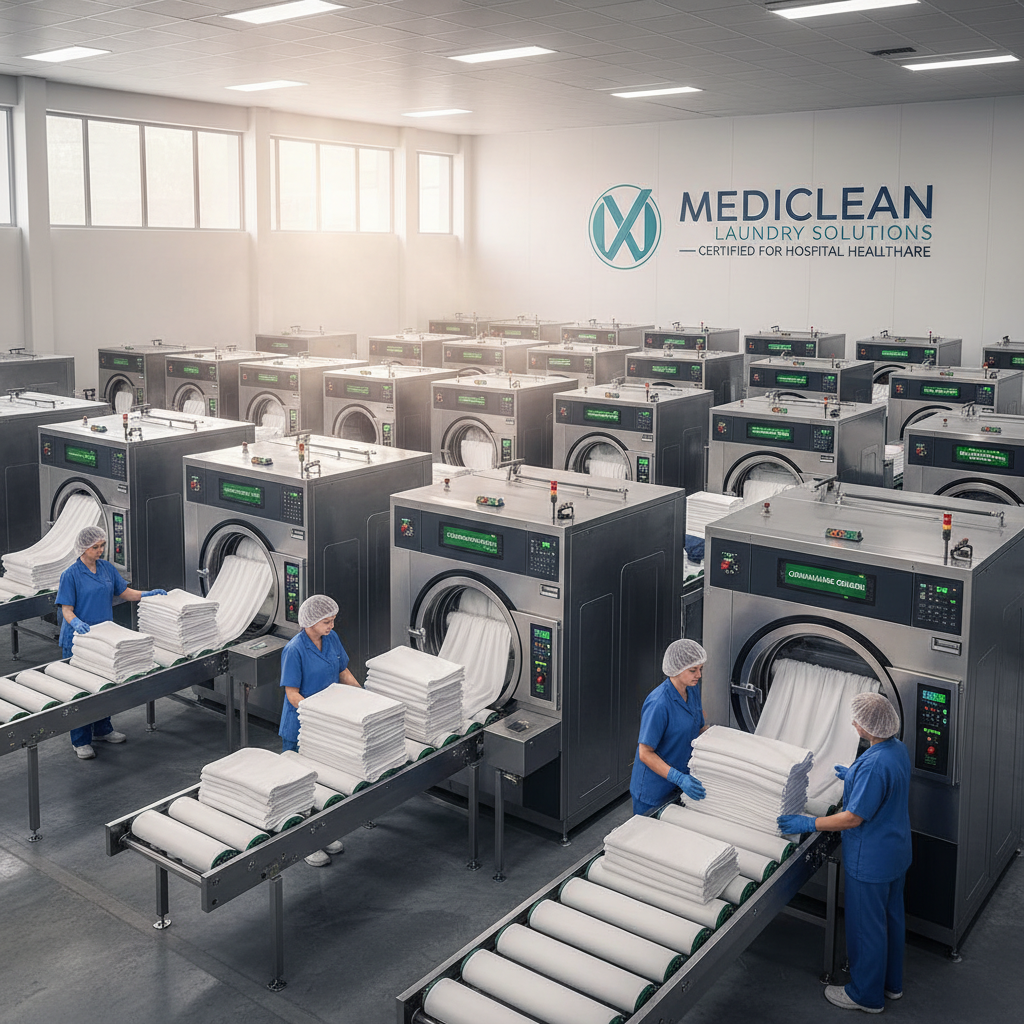 Professional laundry service worker carefully folding clean white garments