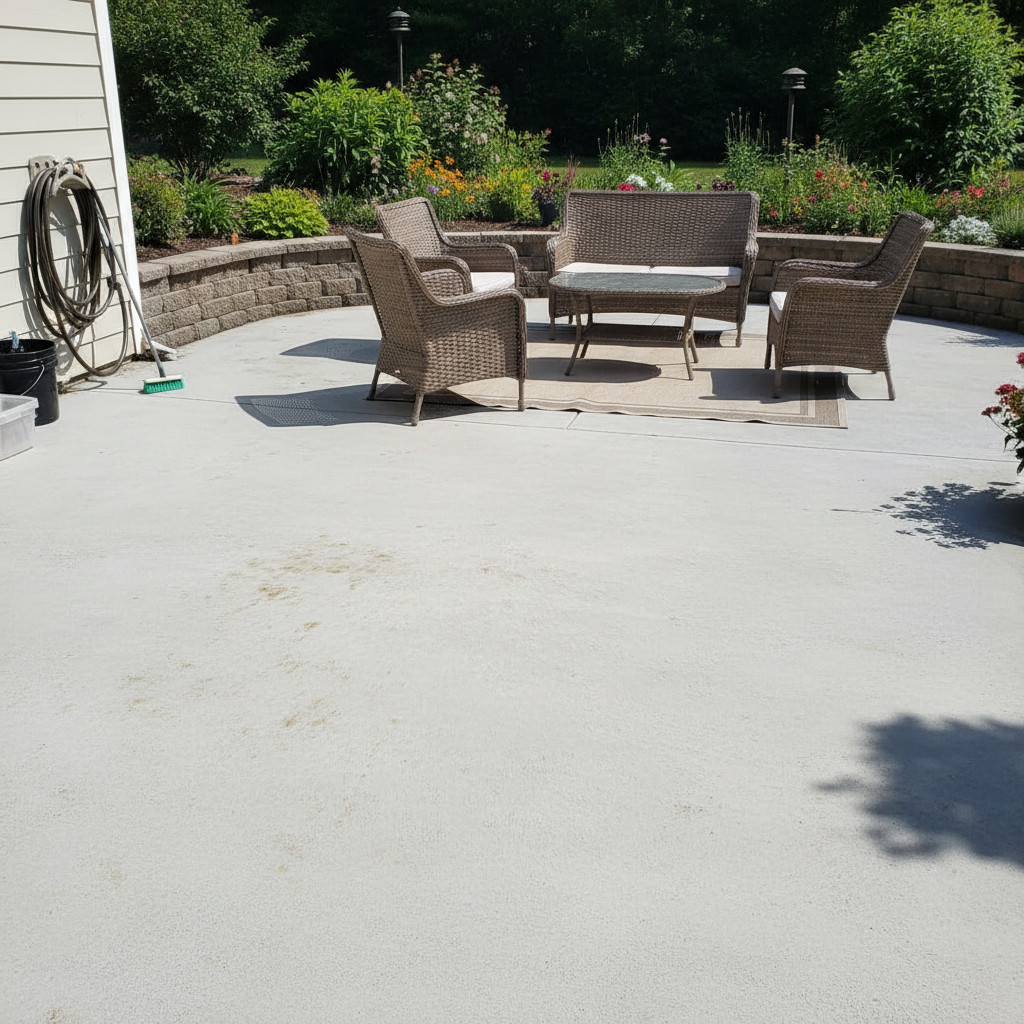 Clean patio with outdoor furniture, bright daylight, fresh concrete, no stains or grime