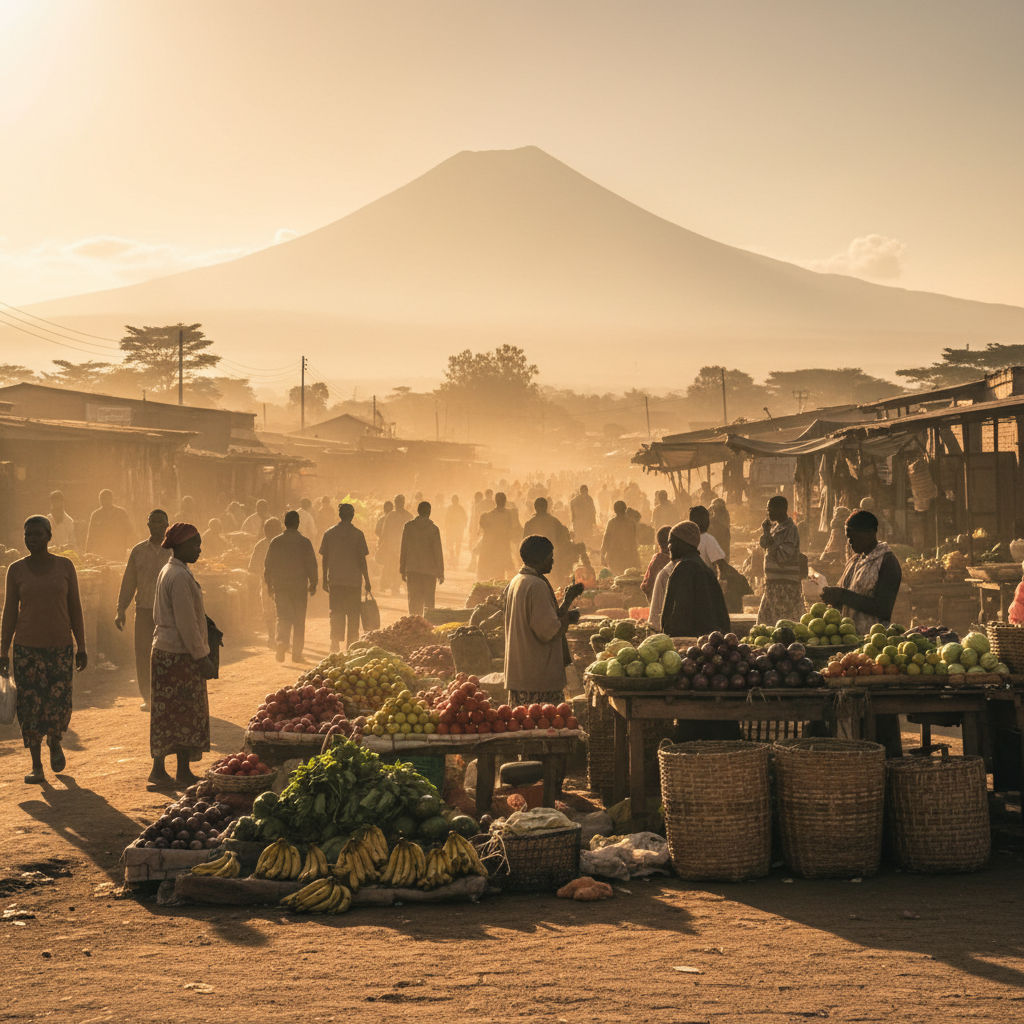 Dusty Arusha street market at golden hour with Mount Meru visible in the background and vendors selling produce