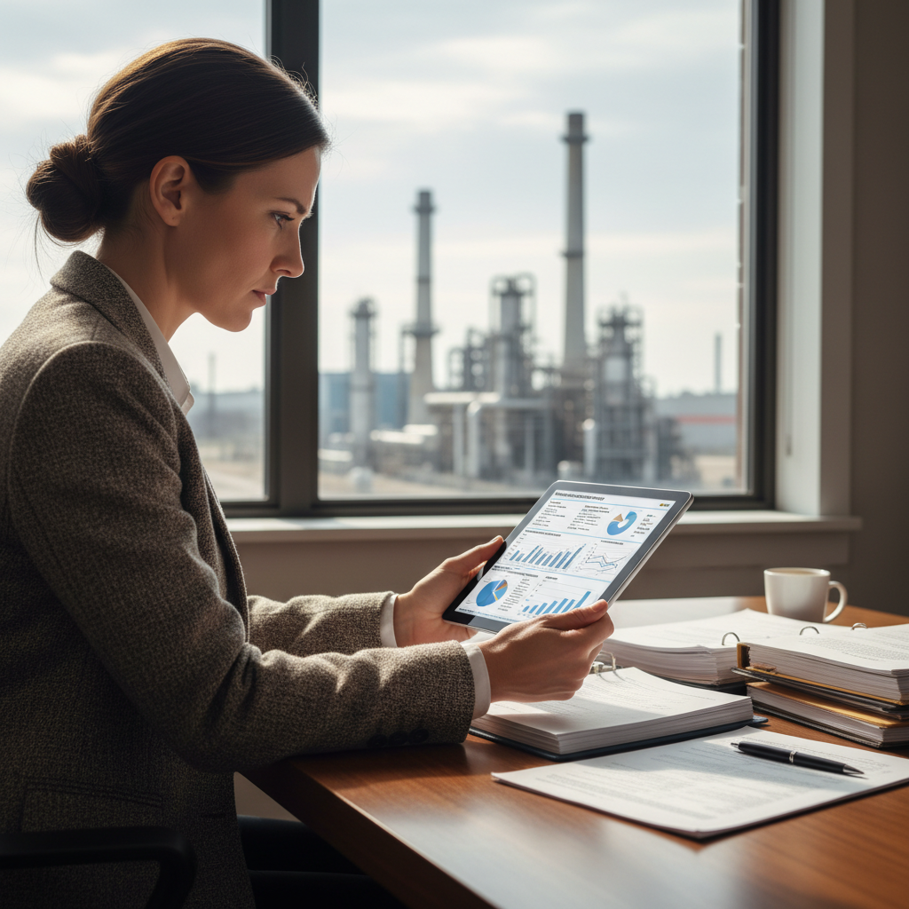 Environmental inspector reviewing compliance documentation at industrial facility, bright professional setting, well-lit office environment