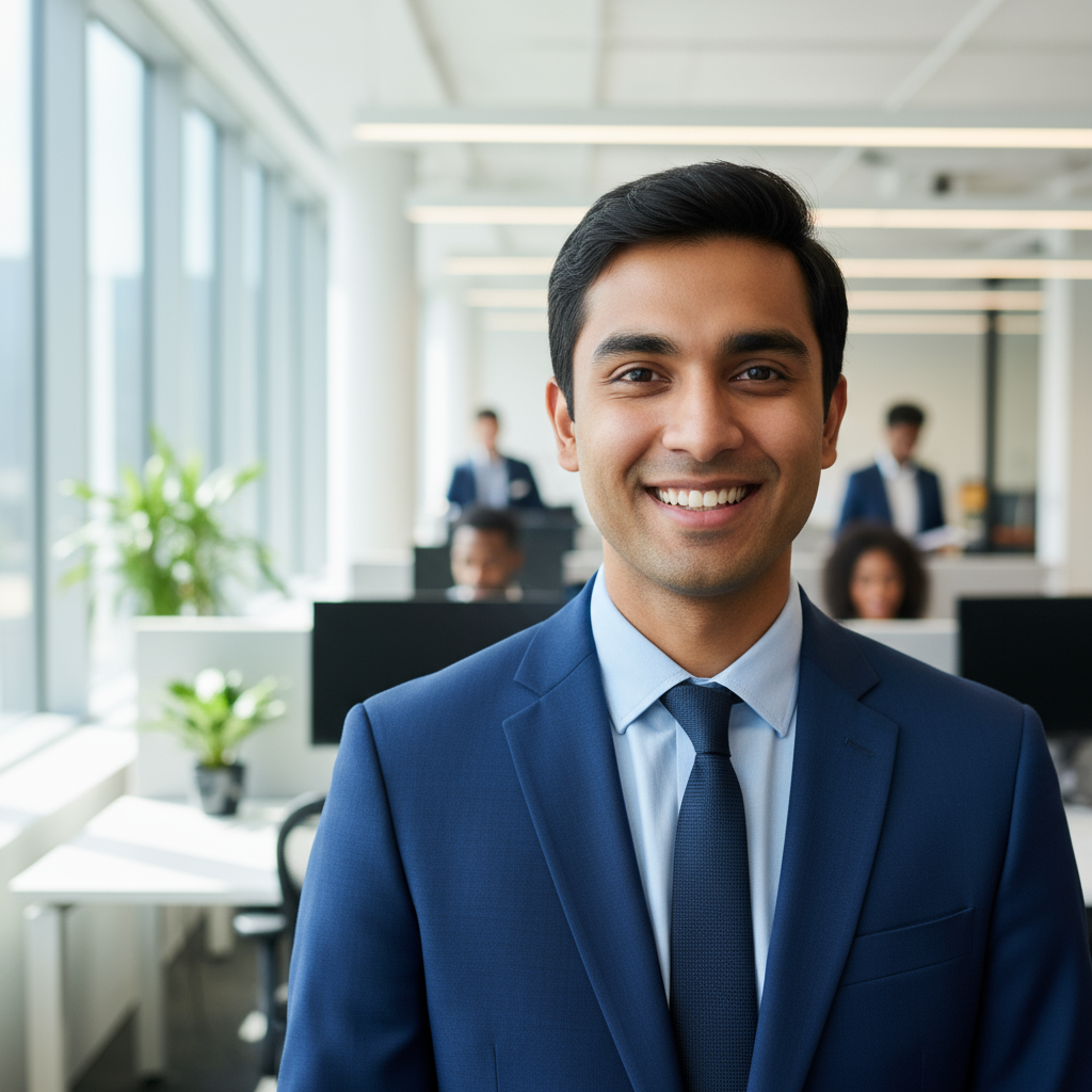 South Asian businessman smiling in bright modern office, natural daylight