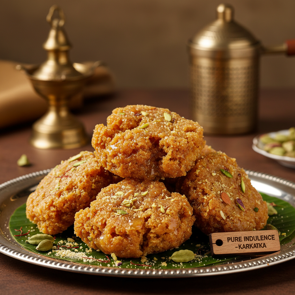 Golden brown Thabadi Penda Indian sweet with rich mawa texture and warm lighting