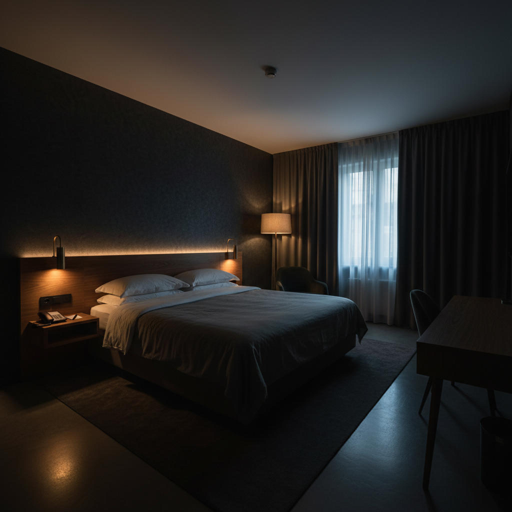 Moody atmospheric interior with deep shadows, warm amber lighting, dark timber walls, and minimal architectural details
