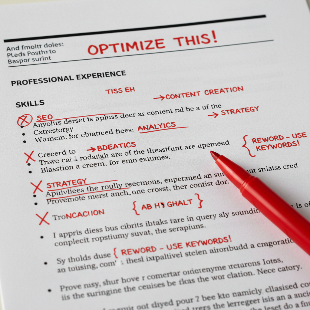 Close-up of a printed resume with red annotation marks and handwritten corrections showing keyword optimization edits