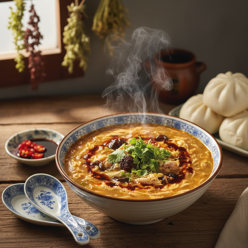 Суп Том Ям — authentic Chinese dish, professionally plated, dark moody background, commercial food photography