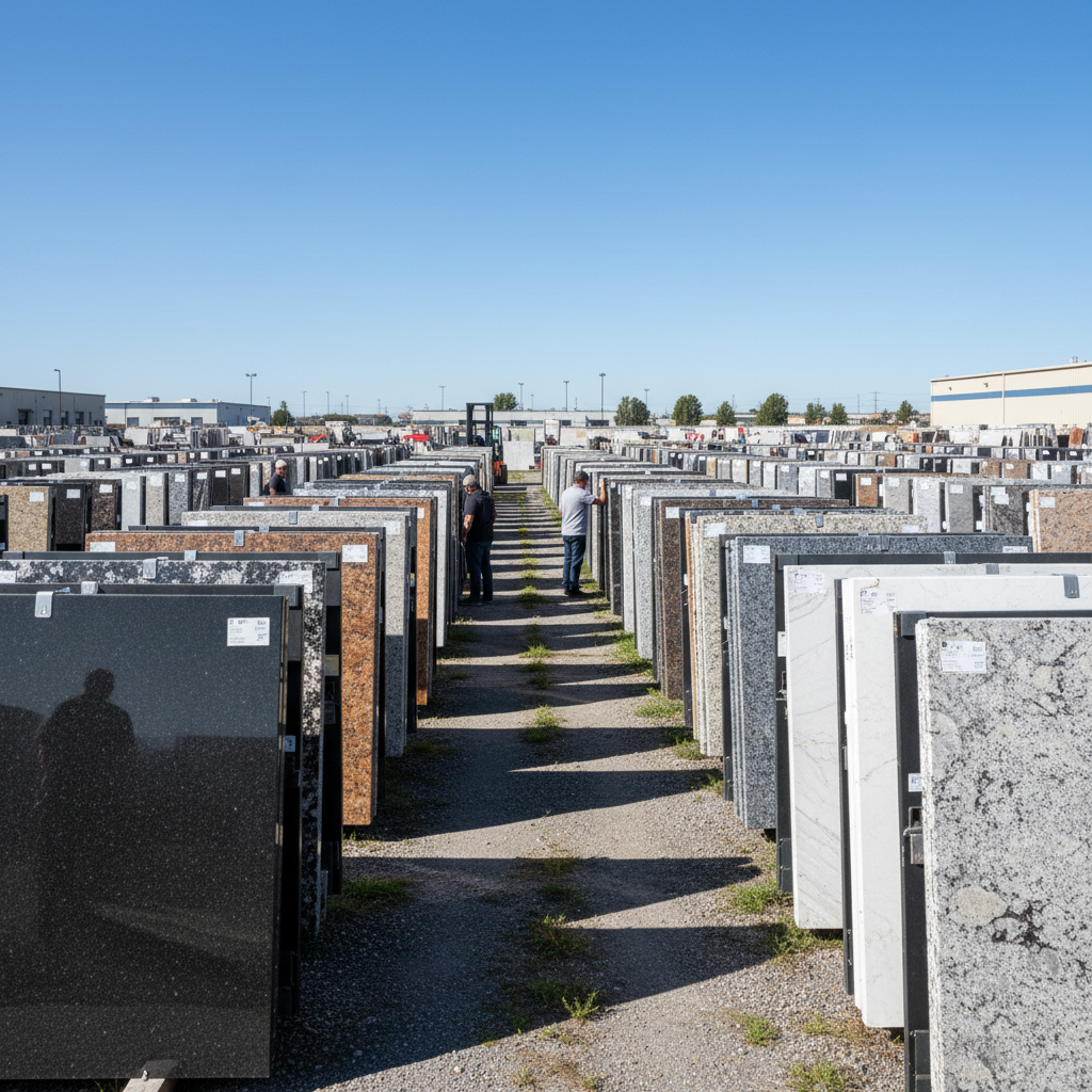 Stone slab yard with rows of granite and quartz slabs for selection