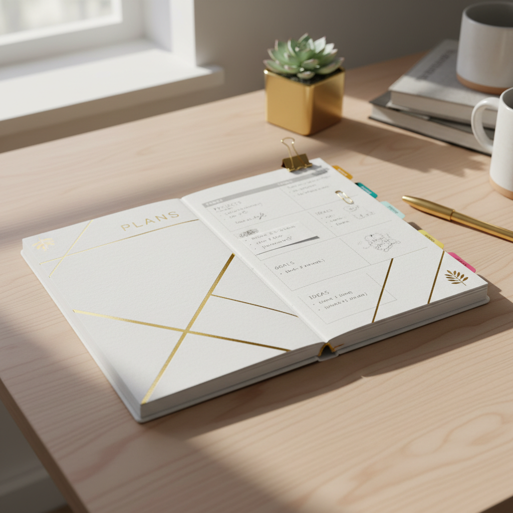 Open planning journal with handwritten timeline notes, a pen, and a small calendar on a clean desk surface in natural light