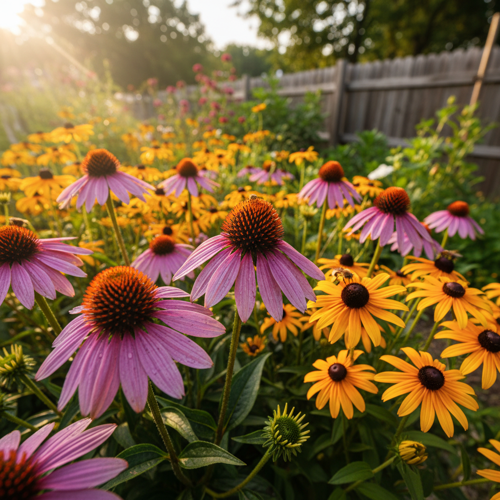 Backyard garden bed filled with purple coneflowers and black-eyed susans in full summer bloom