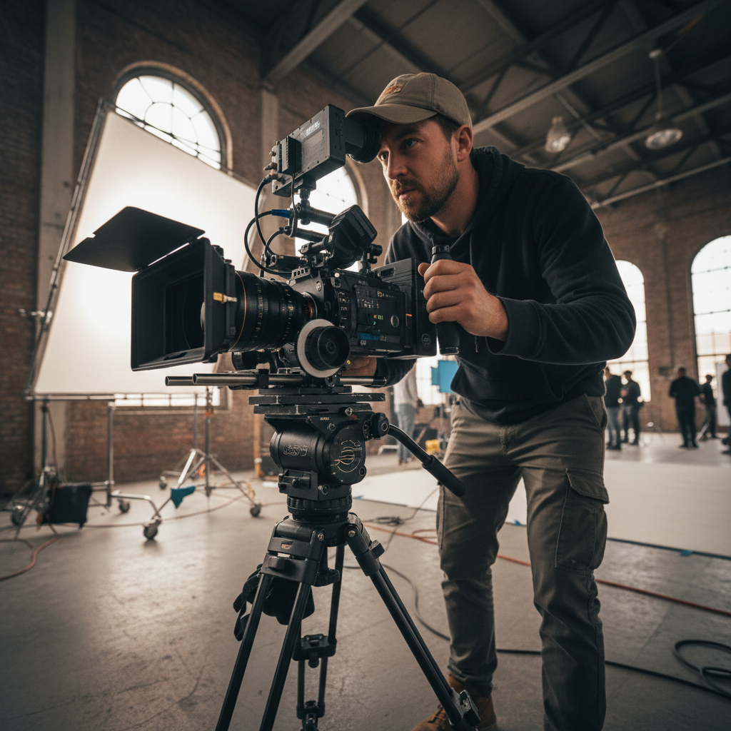 Cinematographer behind large film camera with crew on professional Hollywood movie set