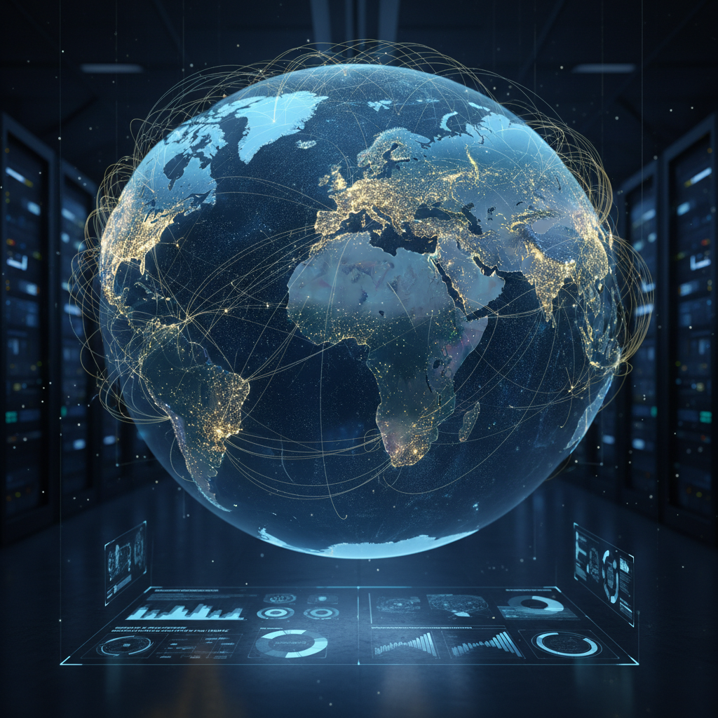 World map with glowing connection lines between continents on dark background, representing international medical coverage and global healthcare access