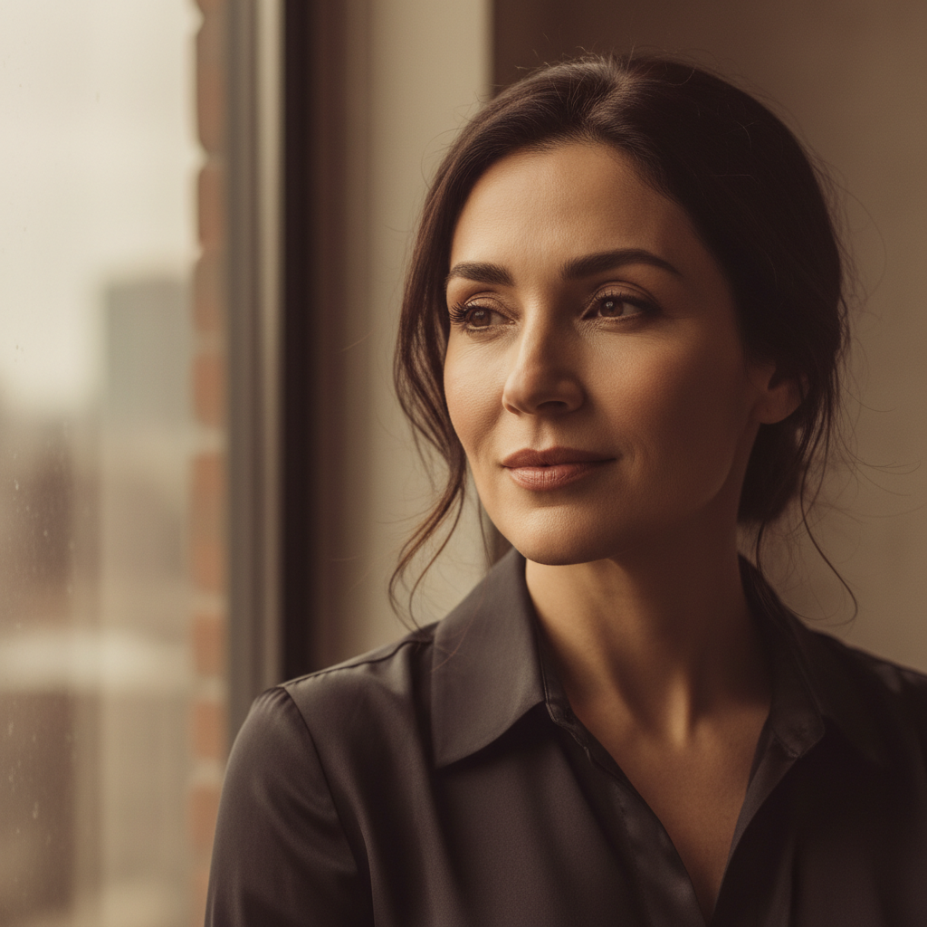 Woman with poised expression, editorial portrait with soft diffused window light, high contrast