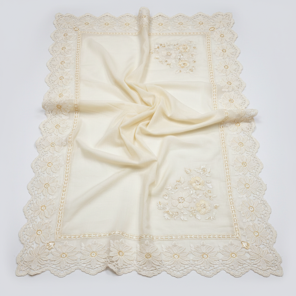 Intricate floral lace fabric with detailed embroidery pattern, white on dark background