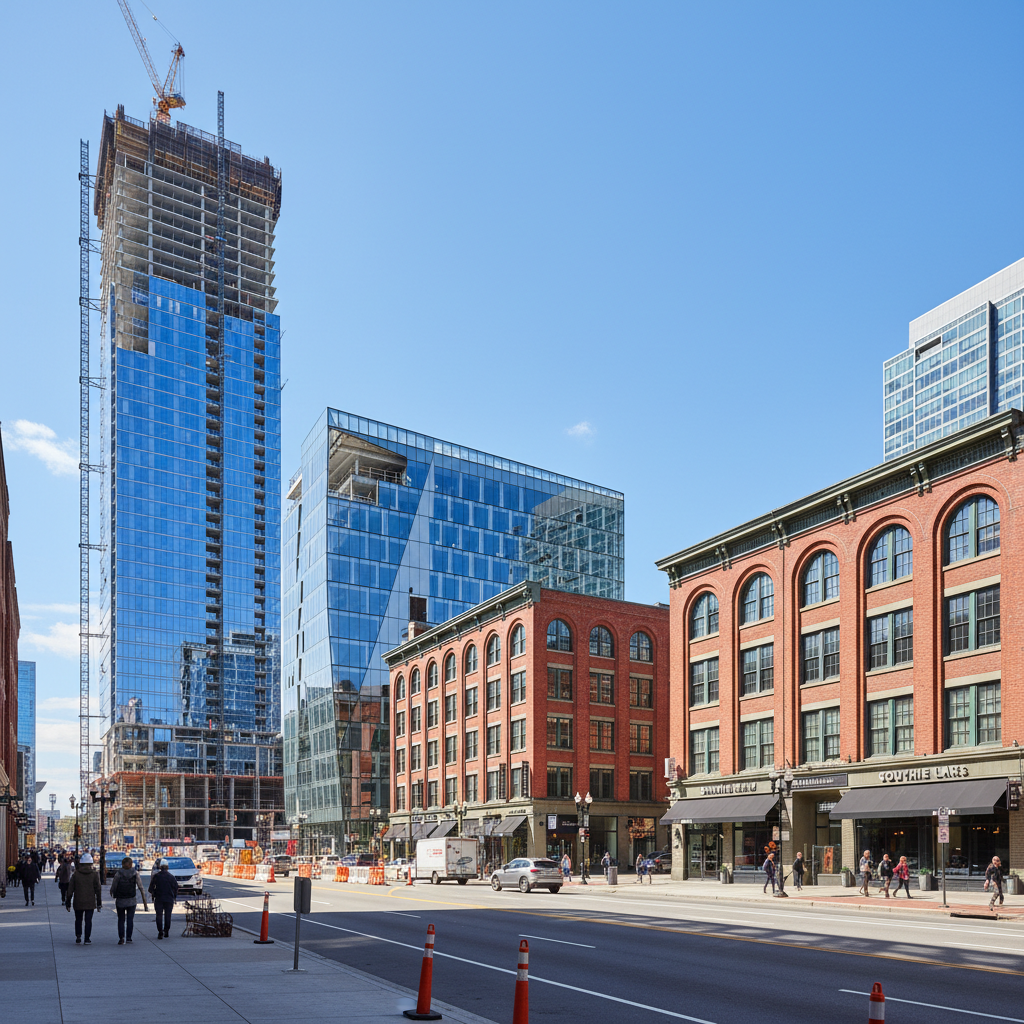 South Boston commercial district with new construction alongside established buildings showing active development activity