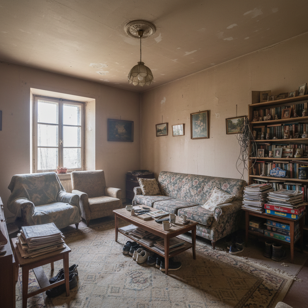 Old living room with peeling wallpaper, dated decor, dim lighting before renovation