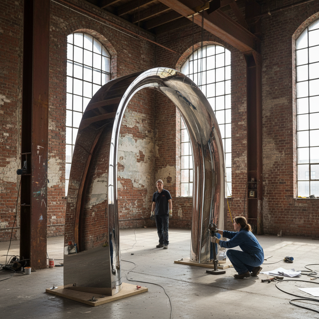 Threshold sculpture being installed in converted mill building