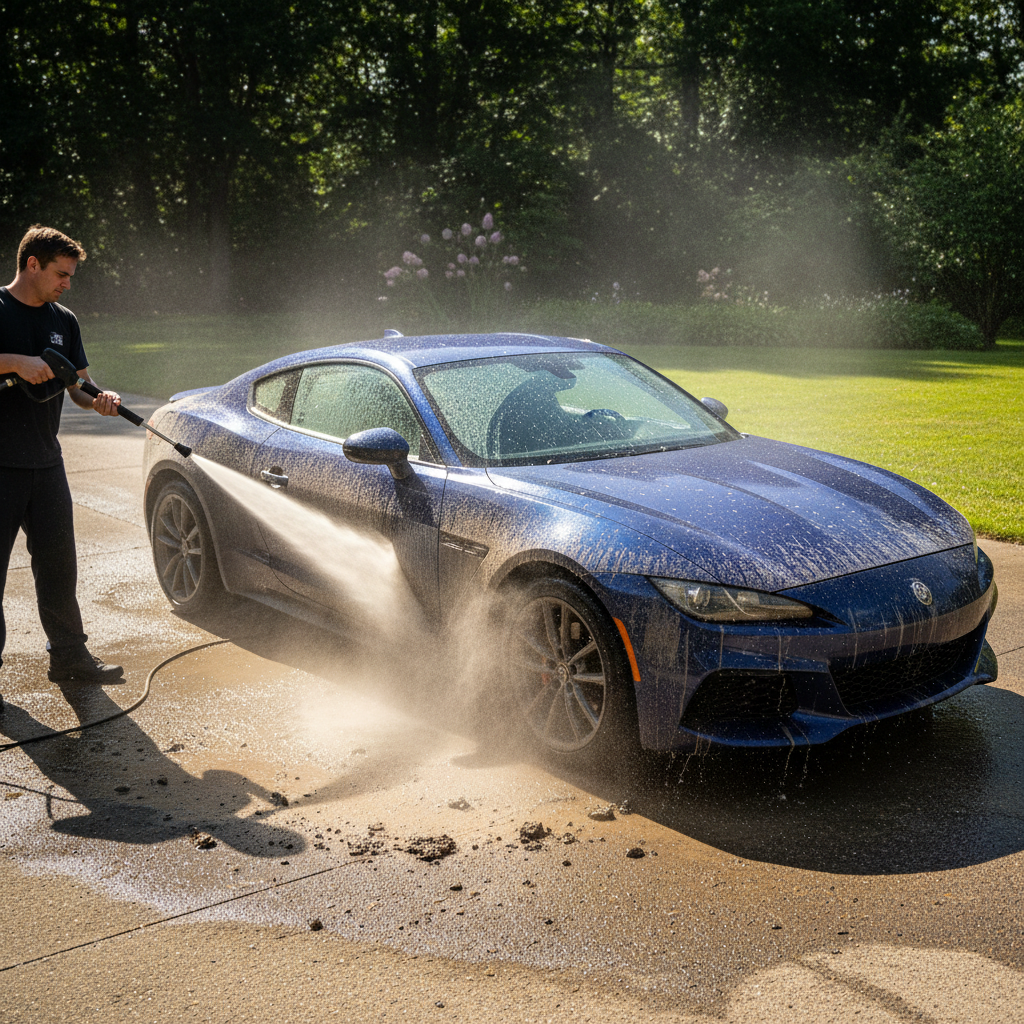 Mycie ciśnieniowe karoserii samochodu — usuwanie brudu i zanieczyszczeń przed detalingiem