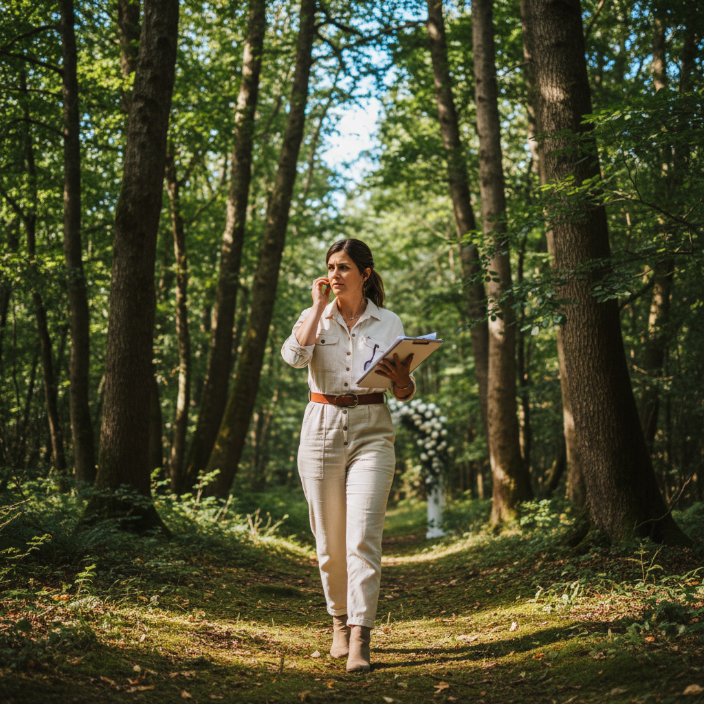 Wedding coordinator mid-stride through dappled forest light, ceremony arch soft-focused behind her, tree canopy framing sky