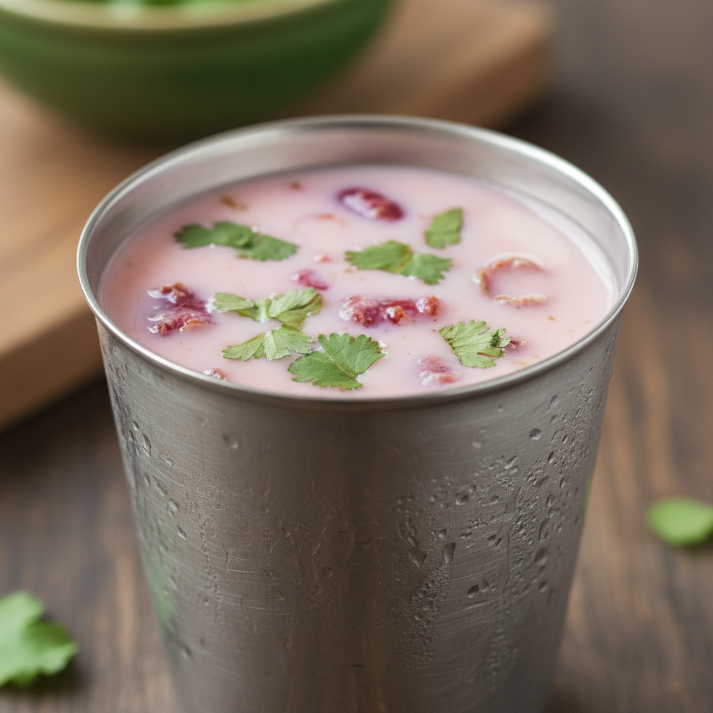 Solkadhi — pale pink kokum drink with coconut milk, garnished with coriander, in a brass tumbler