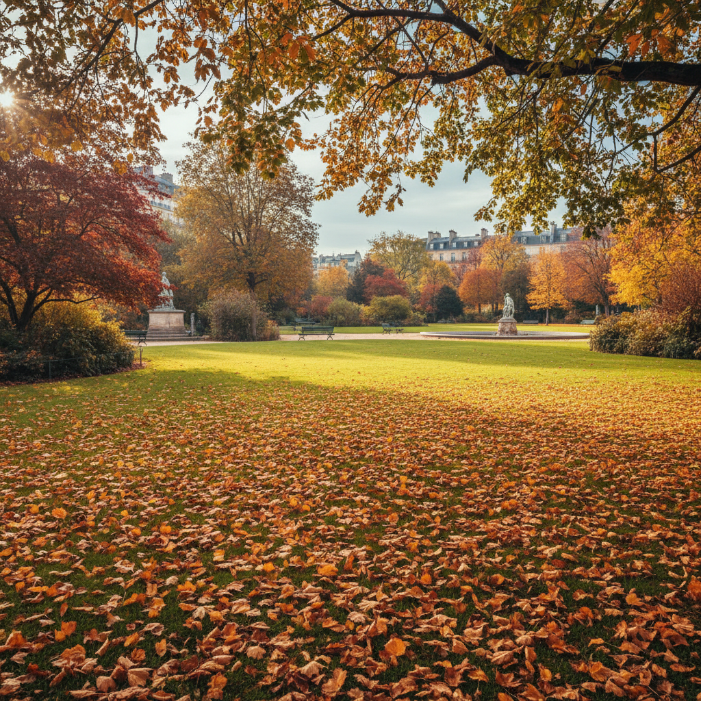Jardin parisien en automne avec feuilles dorées autour d'une pelouse bien entretenue