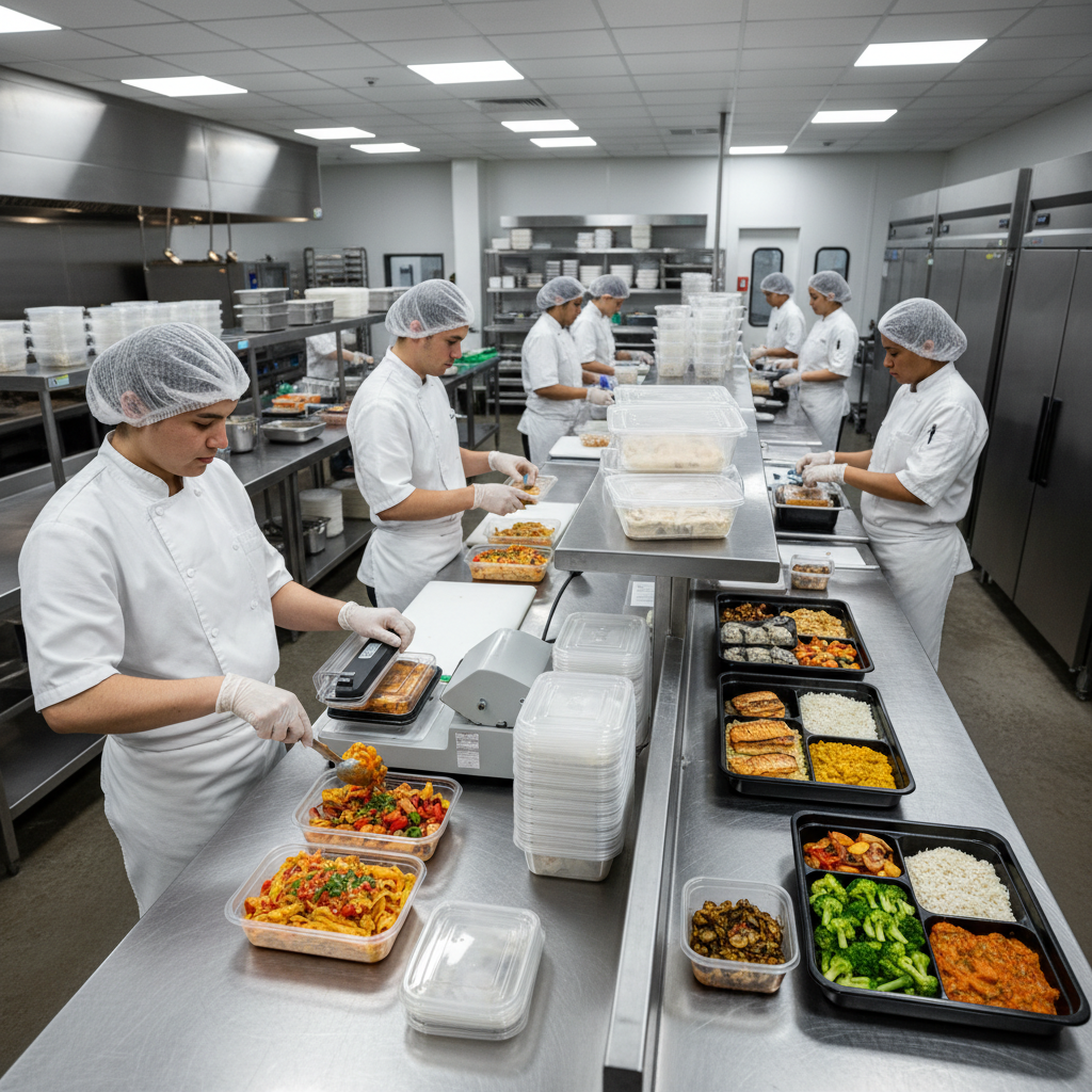 Food containers being packed and sealed in a professional kitchen