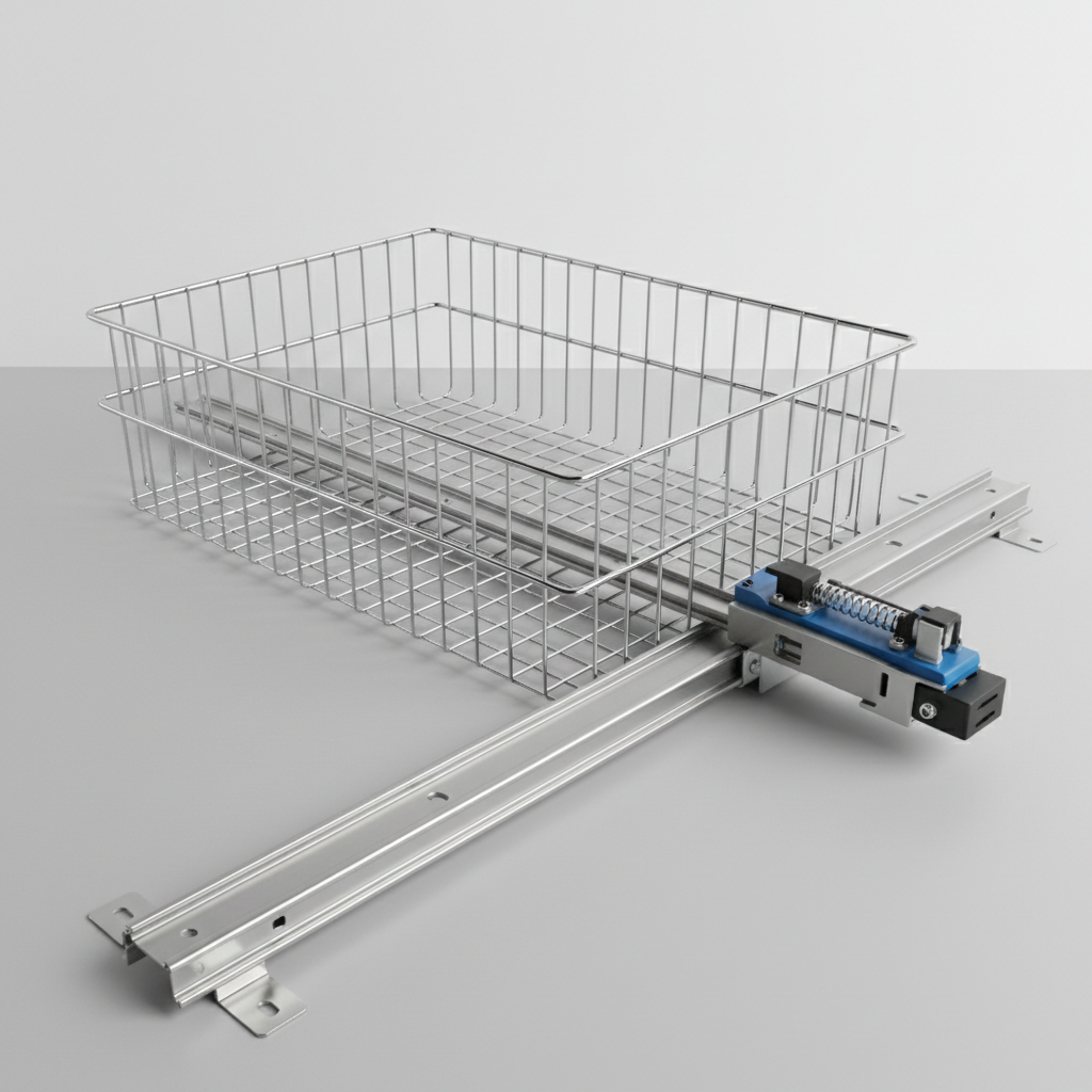 Steel sliding basket track with wire basket fully extended showing soft-close mechanism and mounting hardware