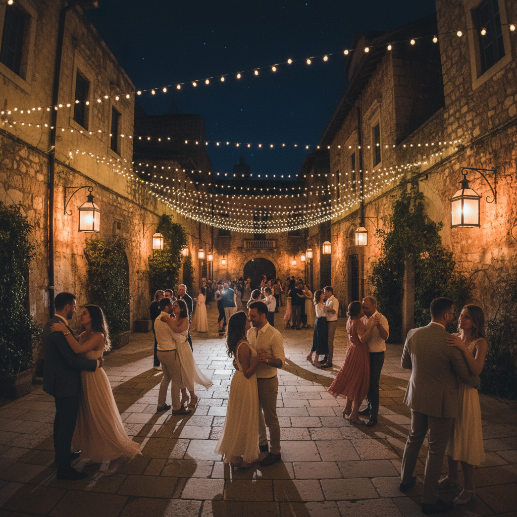 Romantic open-air palace courtyard at night with fairy lights, floral arches, fountain centrepiece, and sandstone walls glowing amber