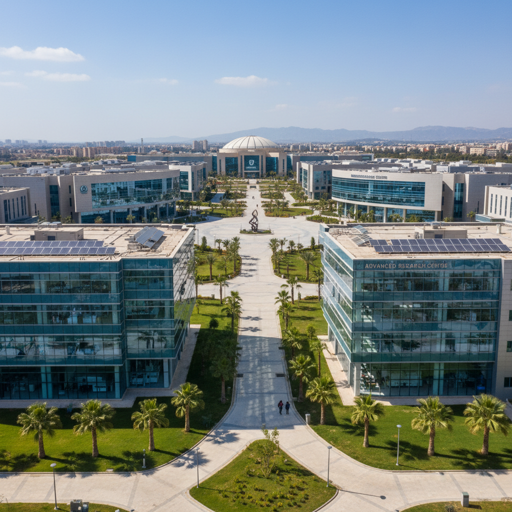 Wide university campus with multiple academic blocks surrounded by palm trees and open grounds