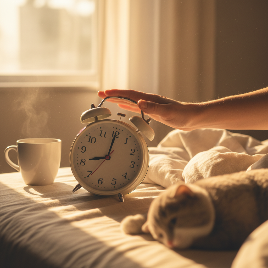 Alarm clock slapped silent in morning golden light