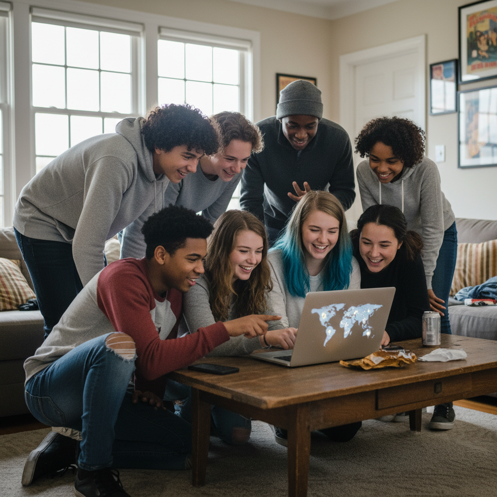 Group of teens gathered around a single laptop at a community center