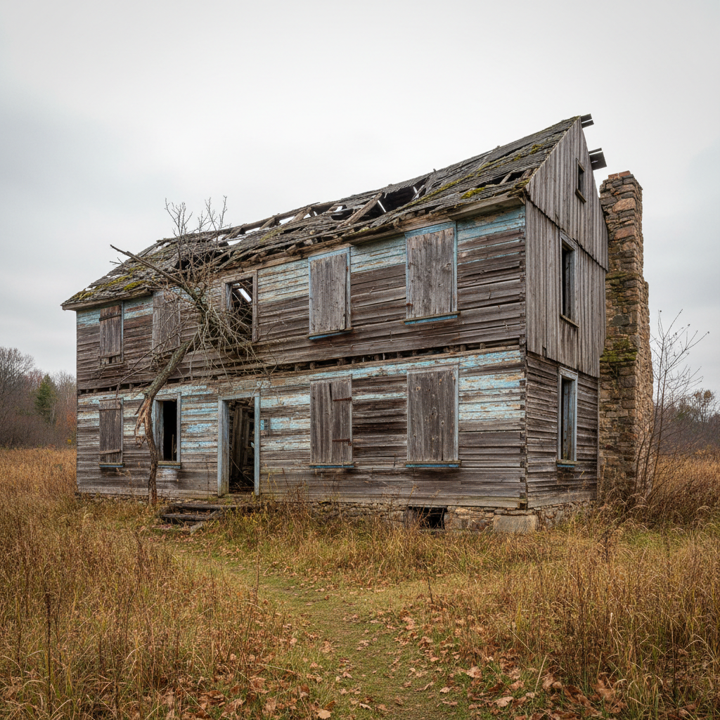 Deteriorating old cabin structure with boarded windows and structural damage before restoration