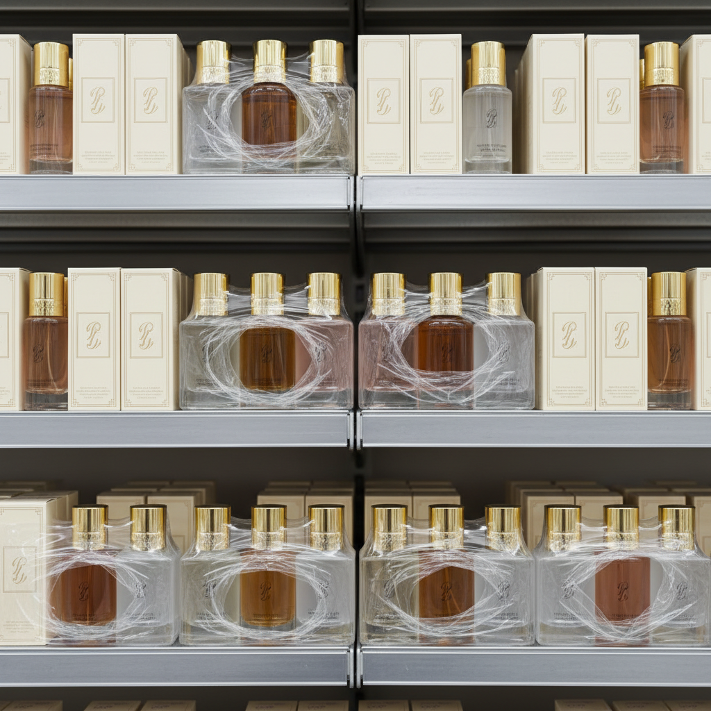 Rows of boxed beauty inventory with gold-capped bottles and shrink-wrapped bundles on warehouse shelving