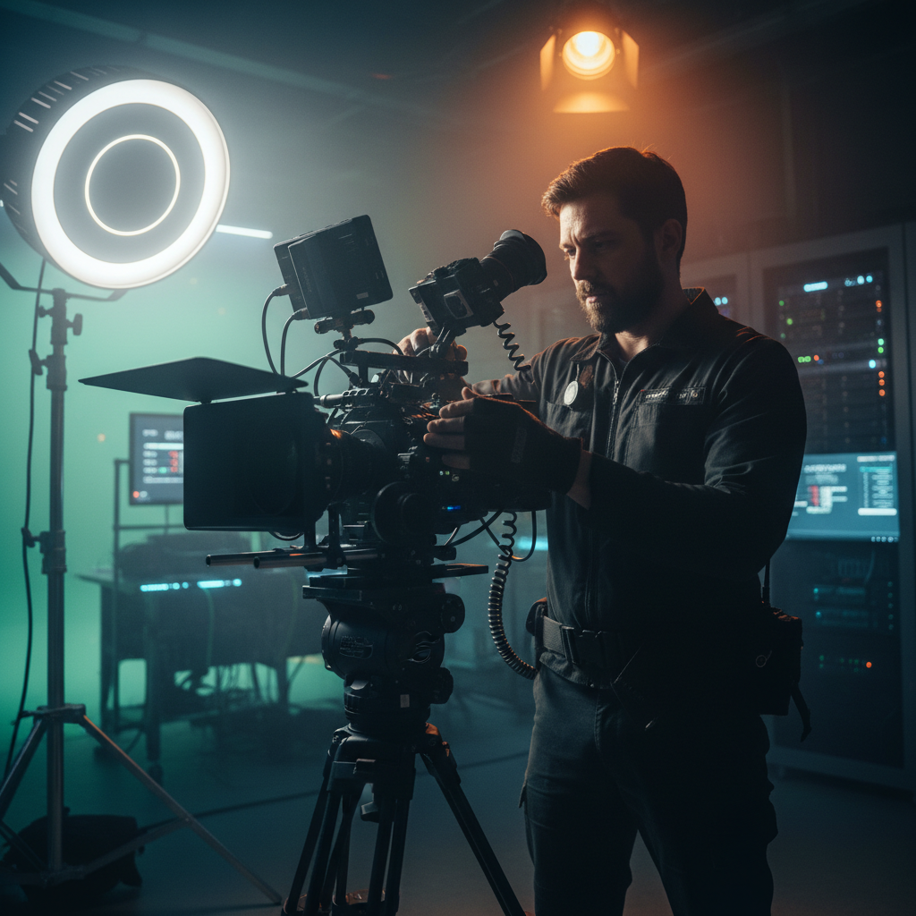 Cinematographer operating a cinema camera on a professional film set with dramatic low-key lighting and dark industrial background