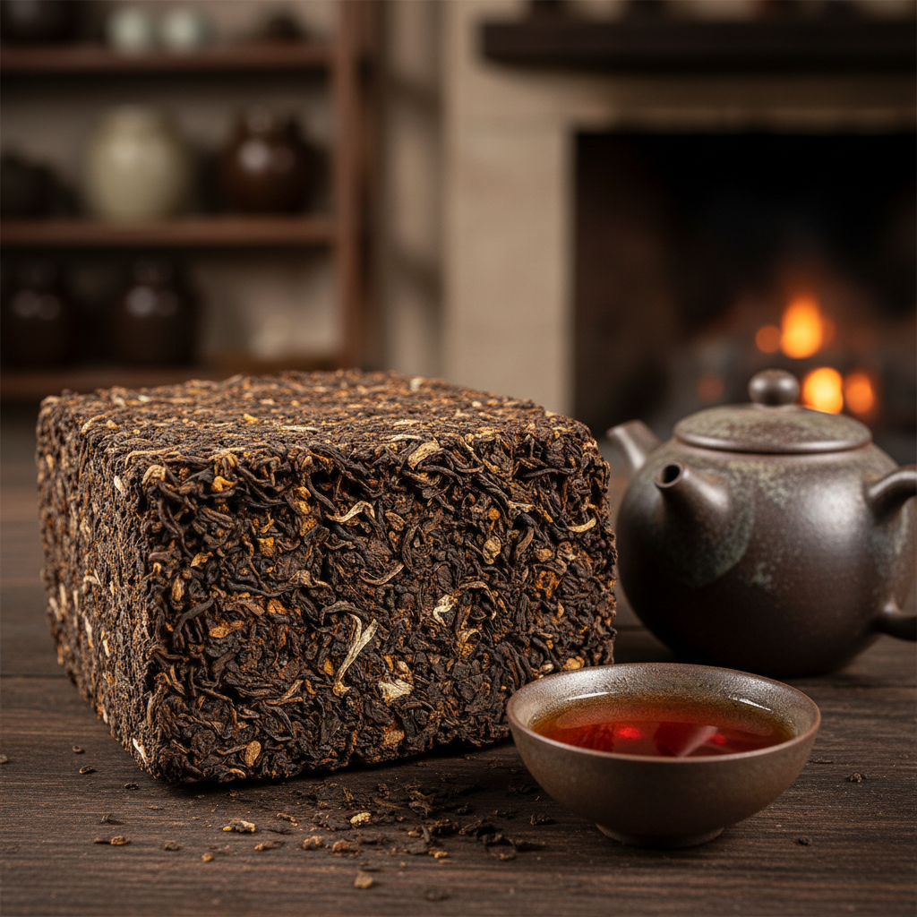 Чай Пуэр — authentic Chinese dish, professionally plated, dark moody background, commercial food photography